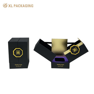Boîte cadeau de parfum à fermeture magnétique à double porte personnalisée avec finition or noir de luxe et insert en mousse EVA