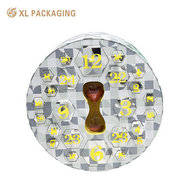acheter Boîte de calendrier de l'avent ronde personnalisée avec 24 boîtes en carton hexagonales, insert en flanelle jaune et marquage à chaud argenté fabrication en ligne
