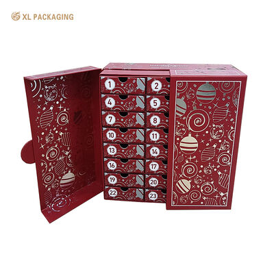 acheter Boîte d'calendrier de l'avent rouge de luxe avec estampage argenté à chaud complet et fermeture magnétique pour 24 tiroirs indépendants fabrication en ligne