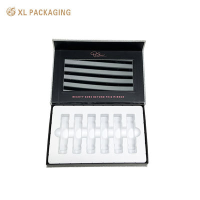 Boîte rigide à flip magnétique personnalisée avec fermeture magnétique cachée grande fenêtre miroir et mousse antichoc Insert pour emballage cadeau ampoule de beauté