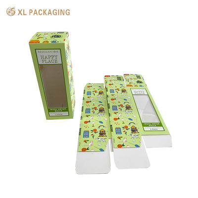 Boîte à cartes pliable de 350 g/m² avec structure supérieure sans colle et fenêtre en PVC transparent pour un emballage respectueux de l'environnement.