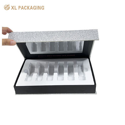 Coffret cadeau magnétique de luxe à paillettes argentées avec miroir et plateau en PVC personnalisable pour emballage cosmétique