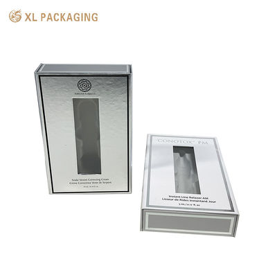 Boîte cadeau cosmétique magnétique personnalisée au logo avec fenêtre en PVC à stratification mate et plateau à flocons blanc pour emballage de sérum anti-âge
