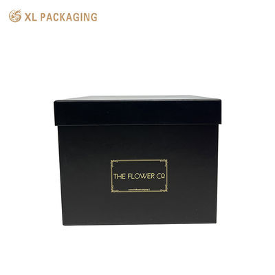 Boîte à fleurs rigide mat noir à deux pièces avec logo en feuille d'or