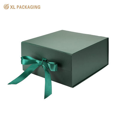 Logo personnalisé Boîte cadeau pliable à ruban vert foncé Boîte d'emballage à emballage plat pour cosmétiques et cadeaux