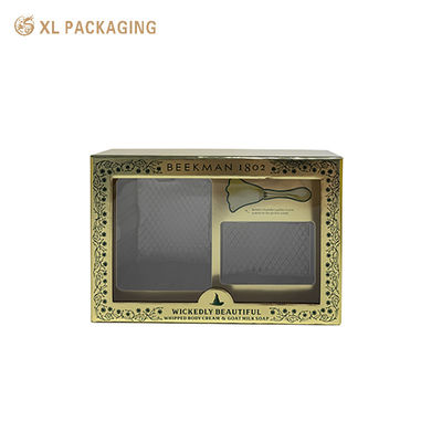 Boîte cadeau rigide en or personnalisée à deux pièces avec fenêtre en PET, ensemble de soins de la peau en carton gris de 2 mm Boîte d'emballage pour le savon de lotion pour le corps avec insert en PET