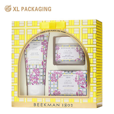 Boîte cadeau cosmétique personnalisée de la Saint-Valentin avec fenêtre en PVC à arc incurvé et arc en satin préattaché en structure de carton rigide renforcé