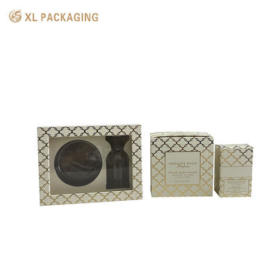 Carton cosmétique en feuille d'or pleine brillance avec grande fenêtre transparente et finition laminée mate pour emballage de parfums