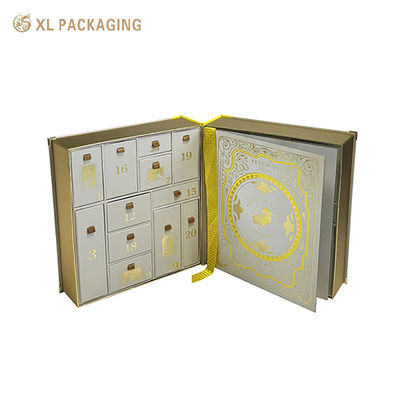 Boîte cadeau calendrier de l'avent magnétique à 24 compartiments, boîte double ouverture en forme de livre avec décor d'angle en métal, boîte d'emballage beauté imprimée sur mesure