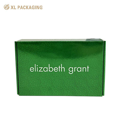 Boîte aux lettres verte holographique brillante avec éclat coloré | Emballage cosmétique en paquet plat avec insert en mousse EPE à 2 cavités