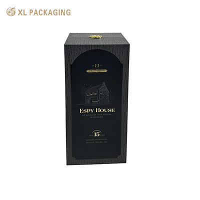 Boîte cadeau à charnière de vin élégant avec plaque d'immatriculation en métal d'or et support intérieur en EVA pour l'emballage en papier de vin noir