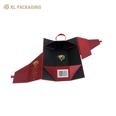 Boîte cadeau de vin pliable de luxe avec logo en papier d'argent et poignée de ruban pour champagne
