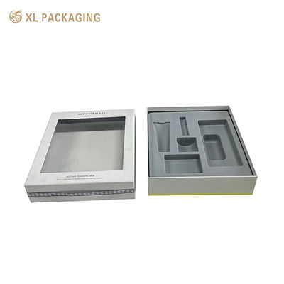 Factory personnalisé deux pièces rigide fenêtre boîte cadeau ruban arc, personnalisé gris en flocons Blister Insert pour les produits cosmétiques de soins de la peau