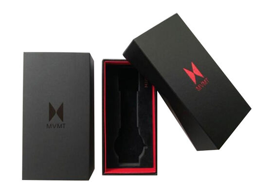 Custom Lid-Base Watch Box Black Foam Insert Black Foil Logo Rigid Presentation Case For Men